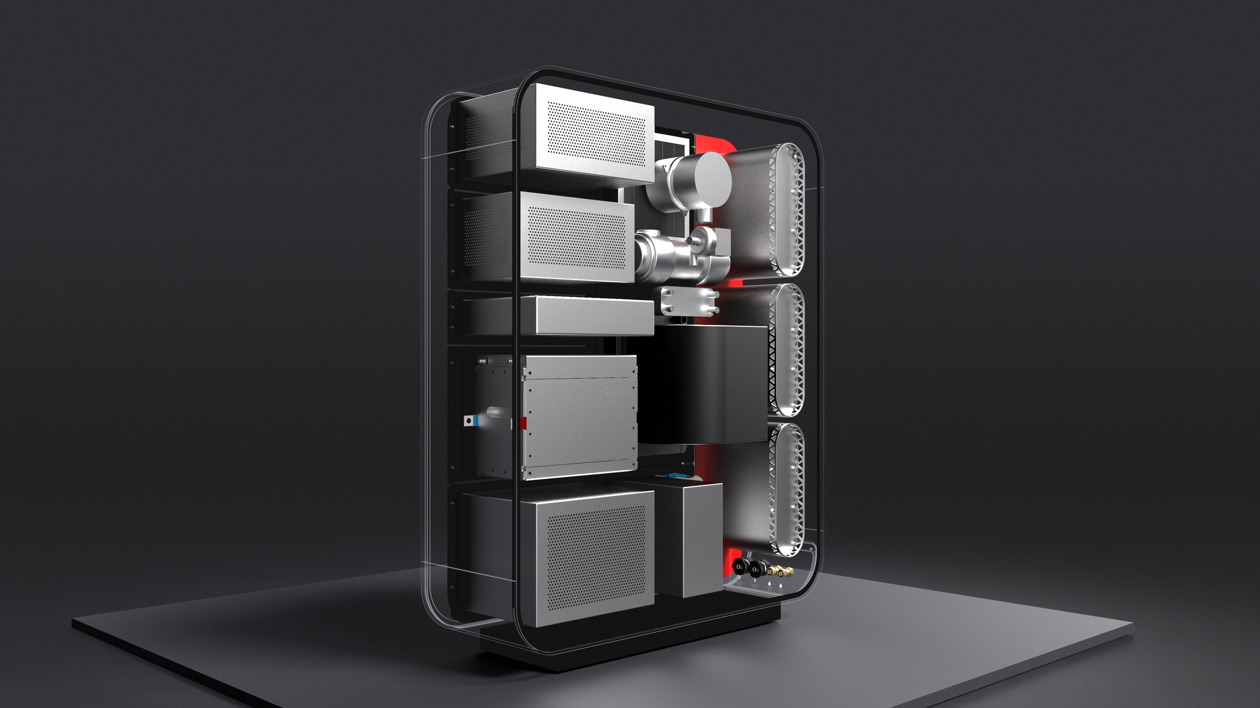 A modern transparent device showing internal components, including metallic boxes and a central mechanism, on a dark background.