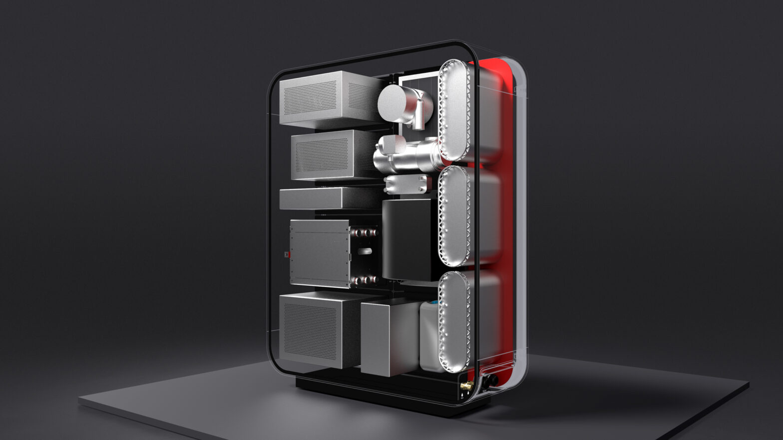 A sleek, modern device with a transparent casing showing various metallic components arranged inside.