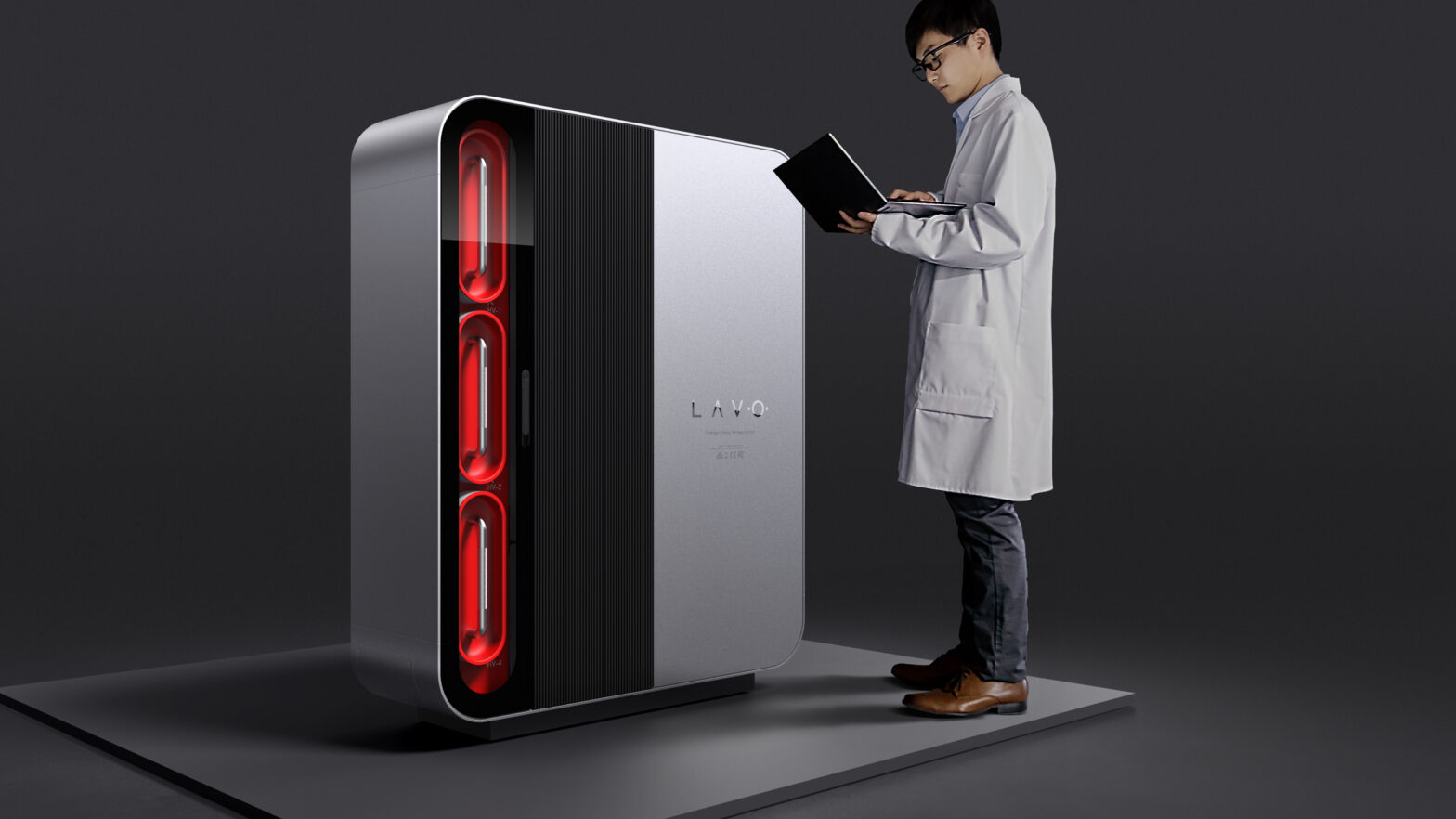 A scientist in a lab coat examines a high-tech device with glowing red elements while holding a tablet.