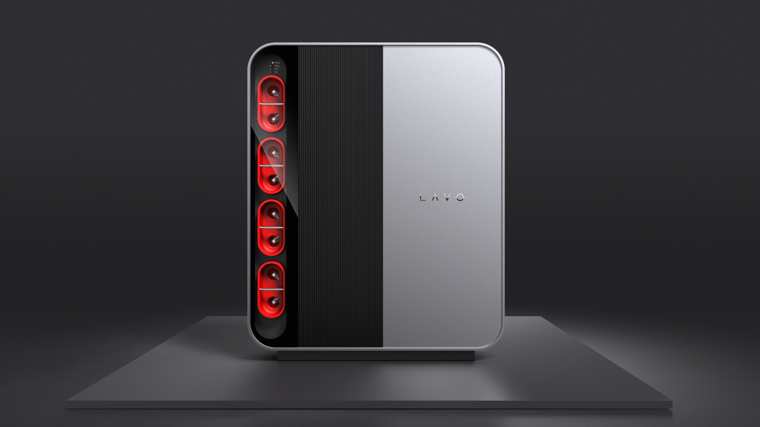 A sleek, modern Lavo device with a silver and black design and red lights on one side, displayed on a dark background.