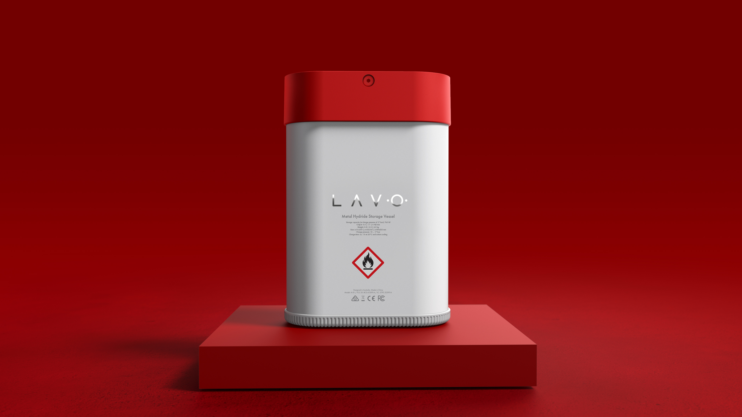 A white cylindrical container with a red lid sits on a red platform, with minimalist branding and a diamond logo.