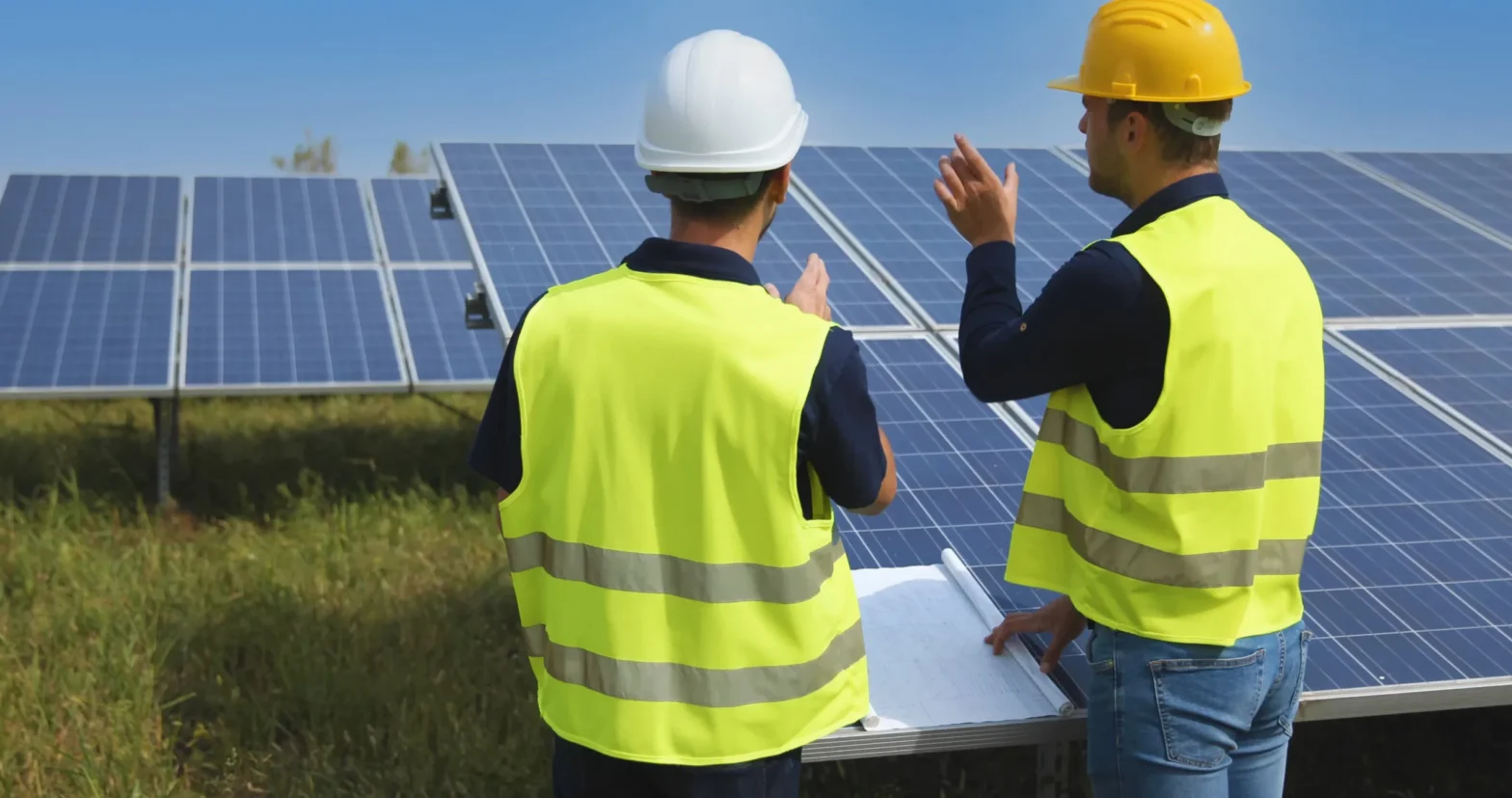 Two workers in hard hats and reflective vests inspecting solar panels outdoors.